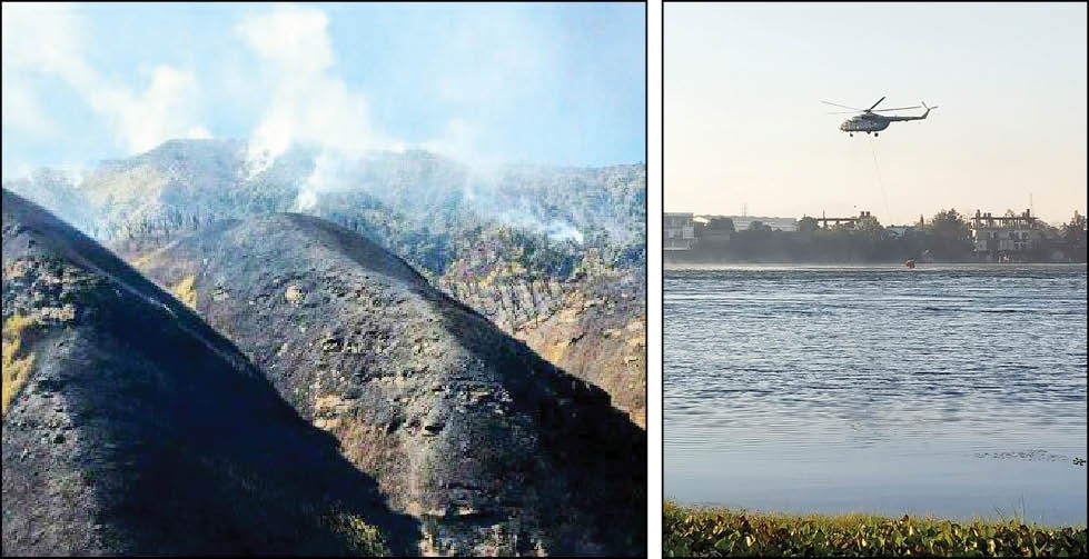 (Left) Smoke rising from the wildfire which broke out in the Dzükou valley area. (Photo Courtesy: PRO (Def) Kohima) (Right) Four Mi-17 helicopter of the IAF made two trips each on January 3 as part of the Bambi Bucket operations to contain the fire. (Morung Photo)